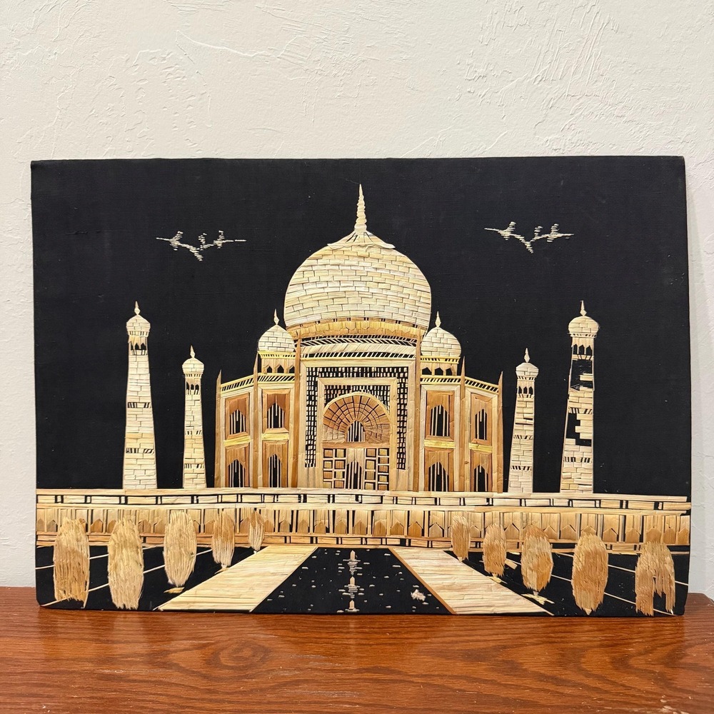 Vintage Straw Art Taj‎ Mahal Wall Hanging India Reed Mosaic Mid Century Handmade